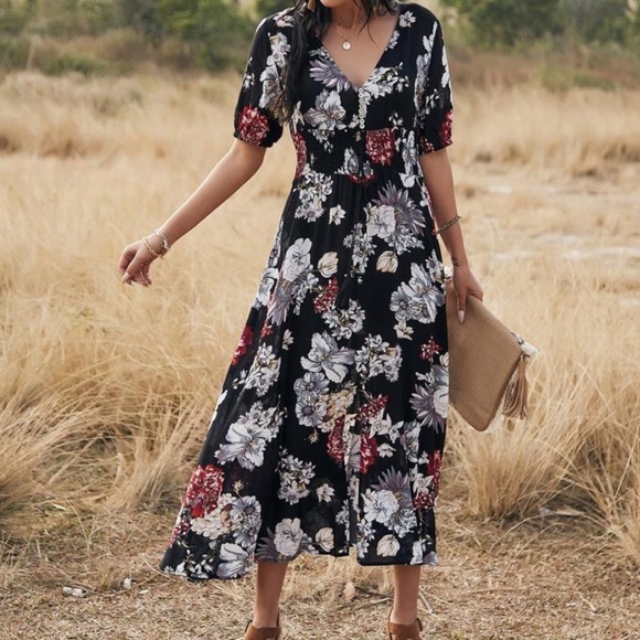 boho floral print v neck slit black midi dress - Picture 8 of 11